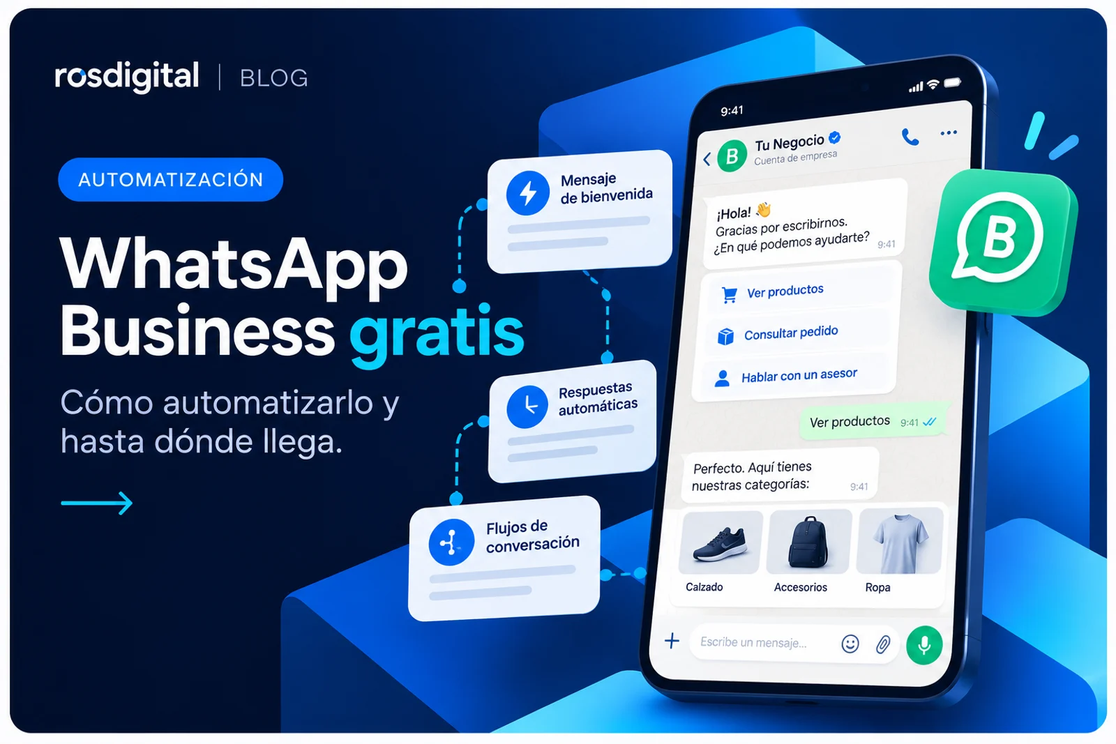 Portada: WhatsApp Business gratis, con un celular mostrando mensajes automáticos de un negocio