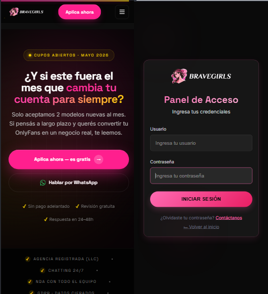 BraveGirls Agency — Página web y acceso privado, proyecto realizado por RosDigital